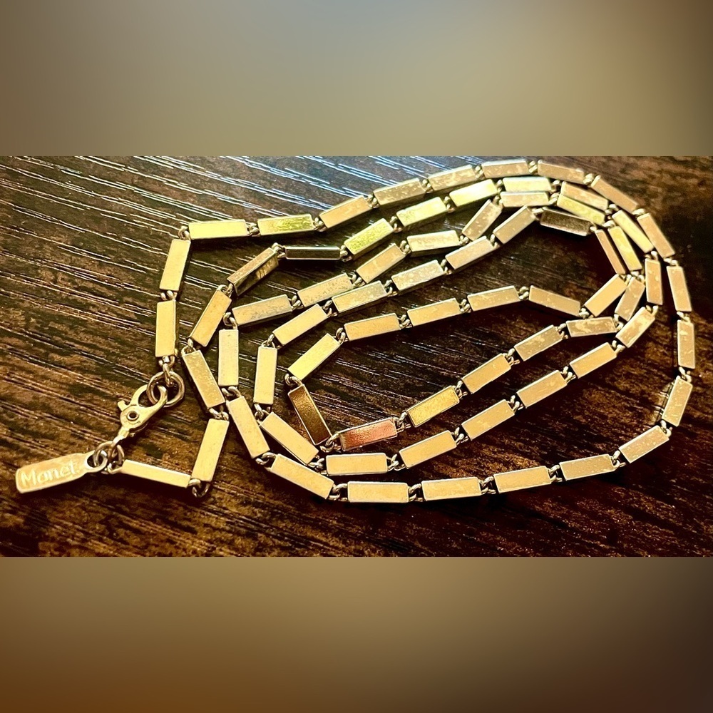 Monet Vintage Signed Gold-Tone Bar Necklace 30” Minimalist Gold Link Chain EUC